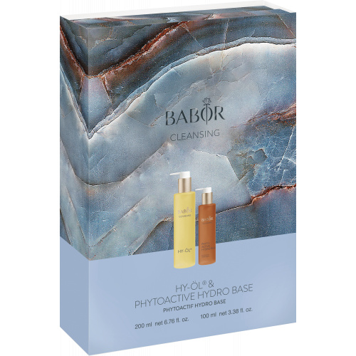 Die BABOR CLEANSING-Ikonen HY-ÖL und Phytoactive als Set im limitierten Marmor Design. HY-ÖL & Hydro Base - Marble Collection