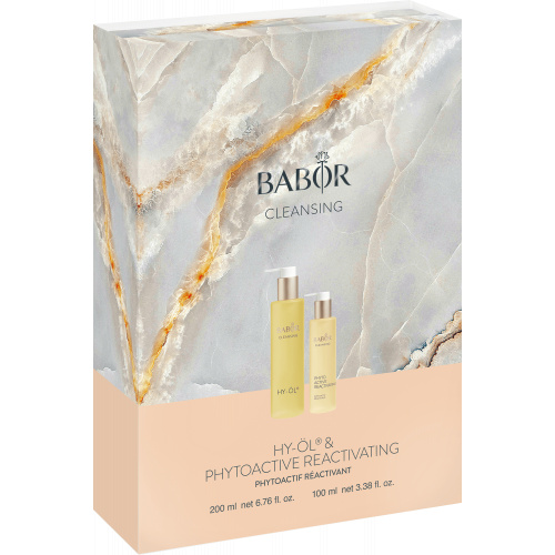 Die BABOR CLEANSING-Ikonen HY-ÖL und Phytoactive als Set im limitierten Marmor Design. HY-ÖL & Reactivating - Marble Collection