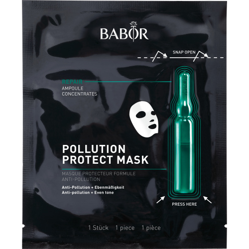 Vliesmaske mit Frischekapsel für den Beauty-Boost zwischendurch oder als extra Kick zu jeder Ampullenkur für schutzbedürftige und durch Umwelteinflüsse belastete Haut. Pollution Protect Mask